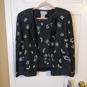 Adrianna Papell Occasions Black Jacket & Tank Beaded Silk Floral -  size 14 NWT